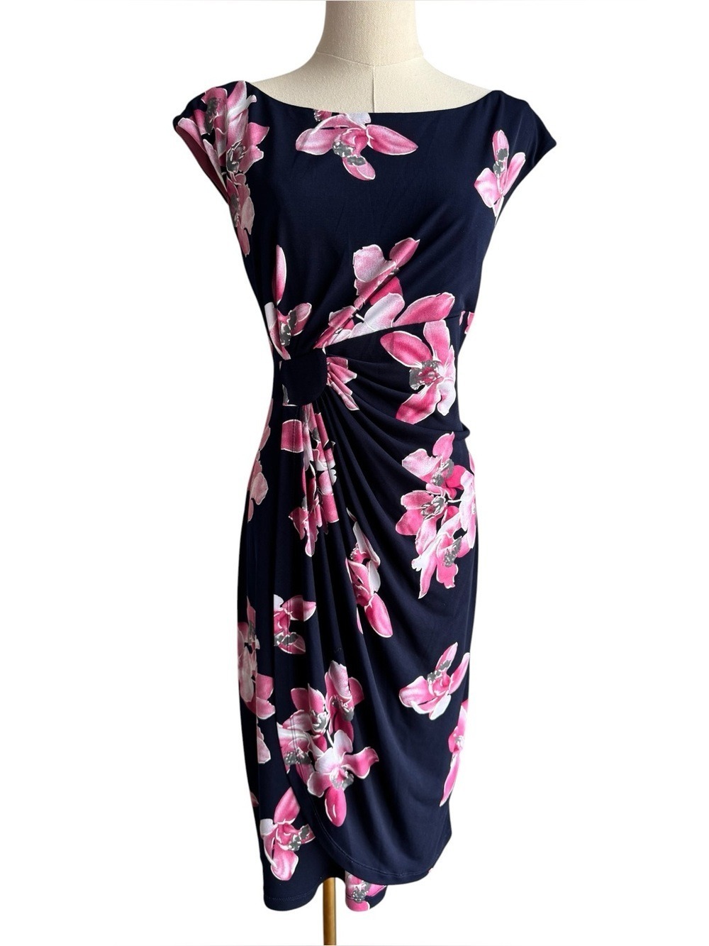 Floral Faux Wrap Sheath Dress Sz 10 Navy Pink Tropical Cap Sleeve Defined Waist